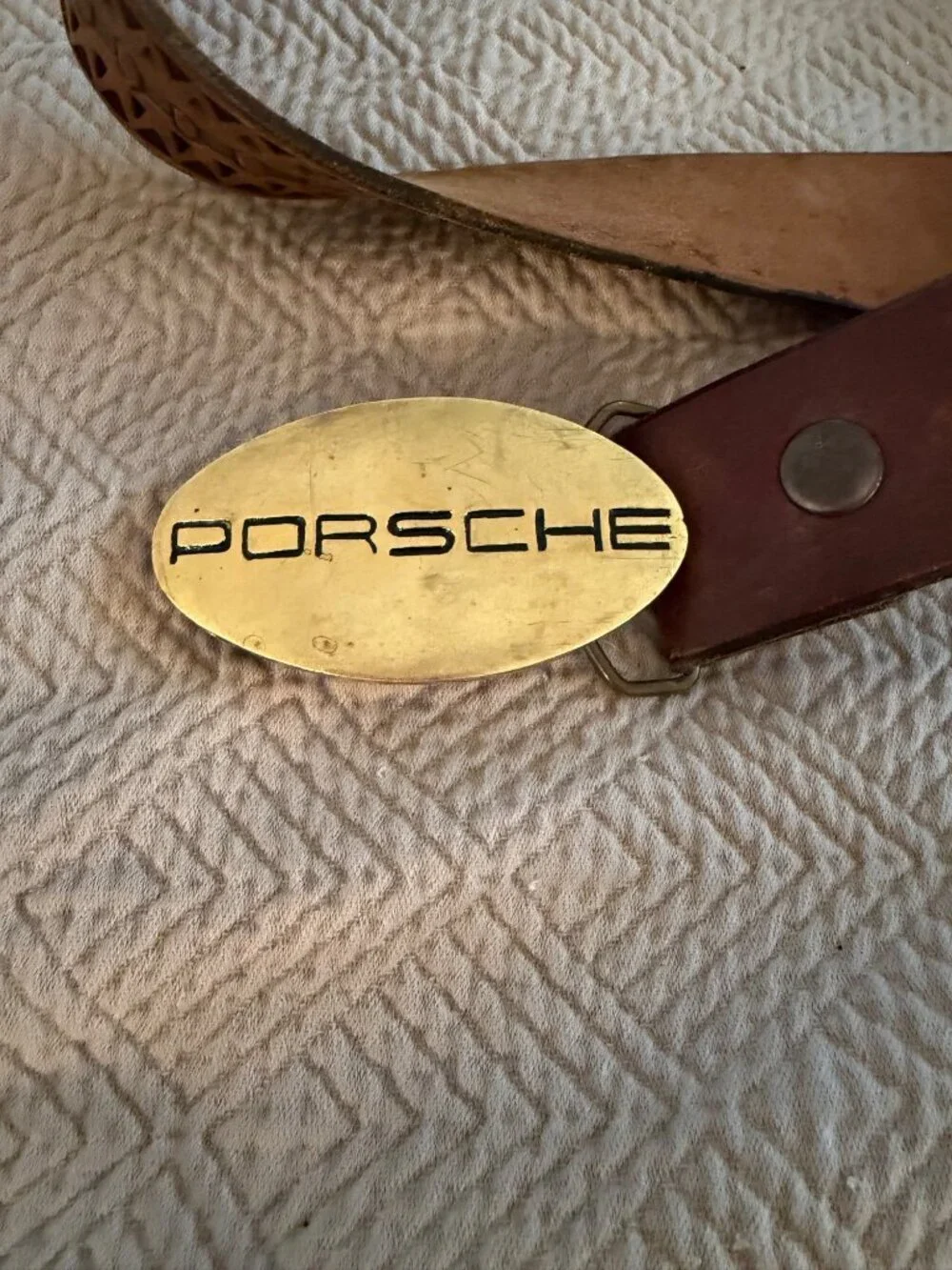 Porsche Mens Belt Brass Buckle Leather Strap Brown Tooled 34-40 inches Vintage